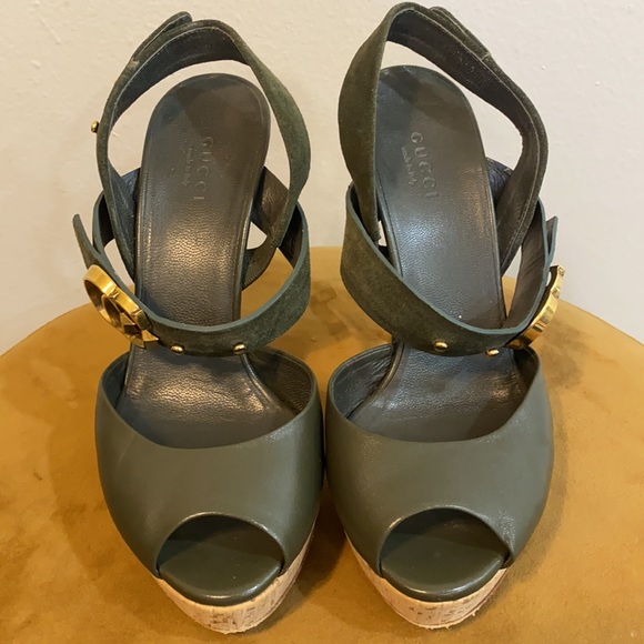 Gucci Dark Green leather and suede platform sandals with cork Heels | Size 37 - Picture 2 of 4